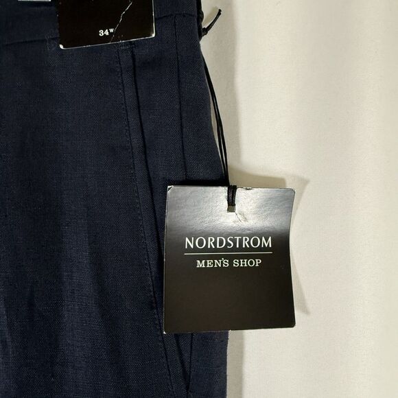 New Nordstrom Men's Shop Linen Pants Men's 34R Navy Blue Flat Front Office Work - Picture 5 of 12